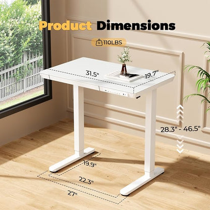 32" Glass Standing Desk with Drawer, Small Electric Desk | Height Adjustable Quick Install One-Piece Tabletop with USB Charging Ports, Sit Stand Computer Desk for Compact Space, White