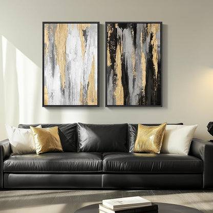 Large Framed Black and White Abstract Wall Art for Living Room, Set of 2 Piece Minimalist Canvas Prints Paintings Artwork for Walls, Modern Black Gold Pictures for Hallway Office Wall Decor Big Size 24x36 In