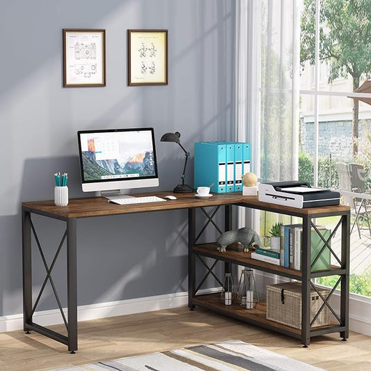 Tribesigns Reversible Industrial L-Shaped Desk with Storage Shelves, Corner Computer Desk PC Laptop Study Table Workstation for Home Office Small Space (Brown, 53")