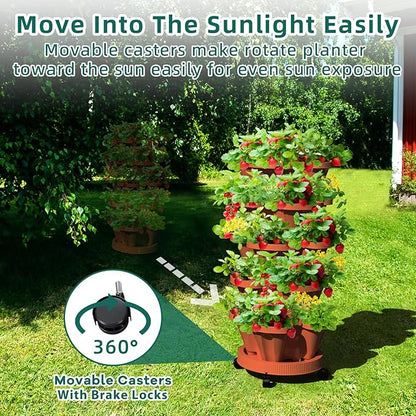 Strawberry Stackable Planter, Vertical Tower Garden, 5 Tiered Stacking Herb Vegetable Planters with Movable Casters and Bottom Saucer Indoor and Outdoor - Terra Cotta