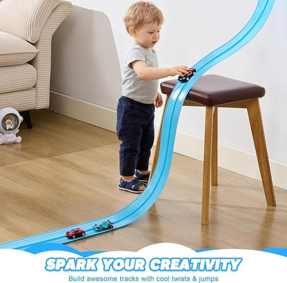 Flexible Race Track for Kids - 15 Ft Flex Track Race Car Tracks with Car Ramp Toy, Fit for Monster Truck Track & Kids' Play Cars, Race Tracks for Toddlers 3+, Gifts for Boys Girls (Light Blue)