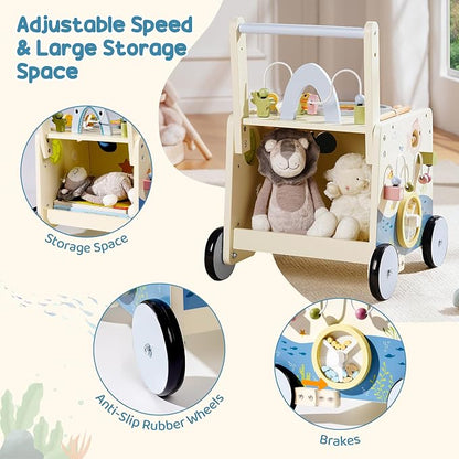 ROBUD Wooden Baby Push Walker, Marine Theme Learning Walking Toys, Adjustable Height Baby Walker with Decelerator, Montessori Toys for Baby Age 10 Months+, WRP23