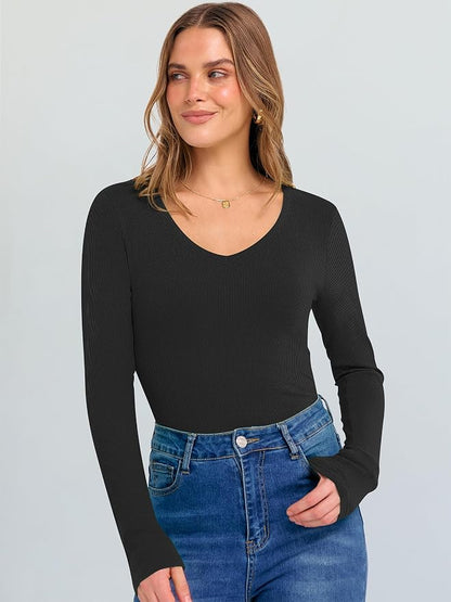 ANRABESS Long Sleeve V Neck Shirts for Women | Soft Comfy Ribbed Knit Fitted Tshirts, Casual Going Out Tops, 2026 Trendy Basic, Fall Winter Underscrub Layering Clothes