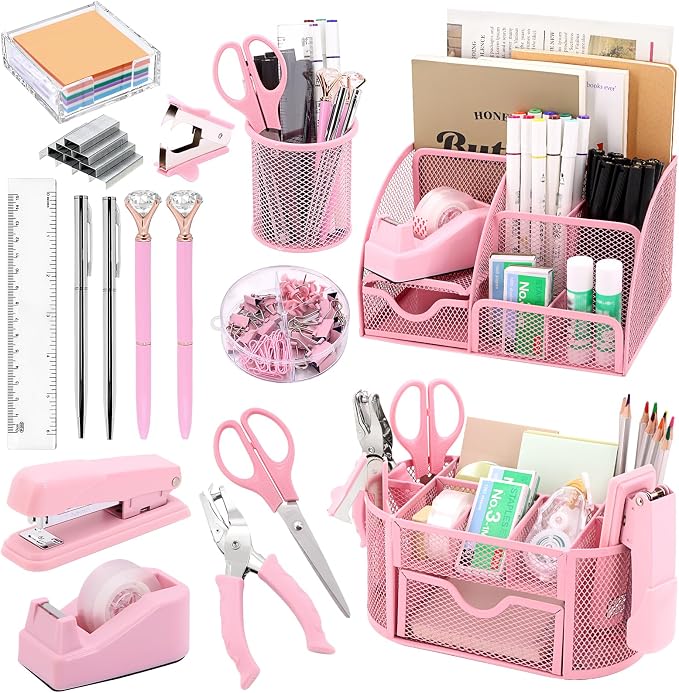 17 in 1 Pink Desk Organizers and Accessories Set, 3 Office Desk Supplies Storage Organization, 4 Pens, Stapler, Staples & Remover, Tape & Dispenser, Scissors, Ruler, Clips, Hole Punch, Back to School