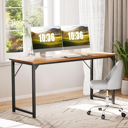Sweetcrispy 63-Inch Small Computer Desk for Bedroom, Brown | Gaming Writing Work and Study Desk for Home Office, Sturdy Metal Frame and Compact Modern Design with X-Shaped