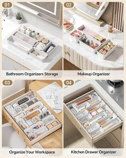 Canfanni 13 Pack Plastic Drawer Organizers Set, 3 Sizes Desk Drawer Organizer Trays for Vanity and Makeup Organizer, Organization and Storage for Makeup, Kitchen Utensils, Bathroom and Office(White)