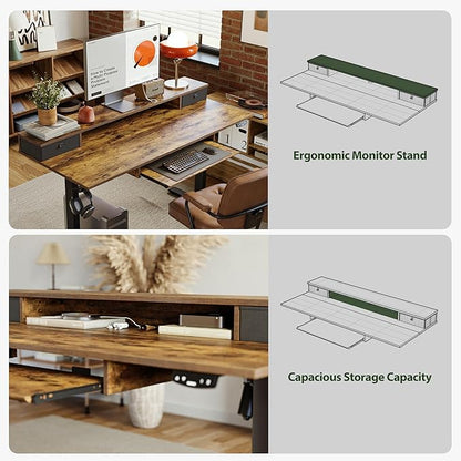 Electric Standing Desk with 2 Drawers and Keyboard Tray, 63 x 24 Inches Ergonomic Adjustable Height Desk with Storage, Sit Stand up Desk Computer Workstation, Rustic Brown