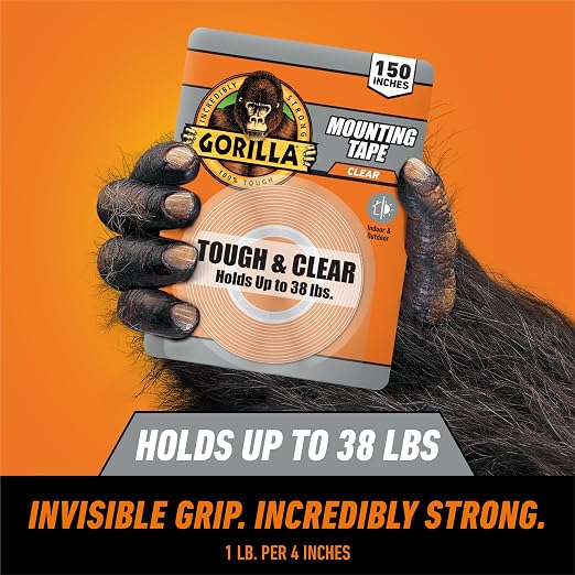 Gorilla Invisible Hold Mounting Tape, 1" x 150" (Pack of 4), Holds up to 15 lbs, Clear Double-Sided Tape for Strong, Permanent Bond, Discreet Adhesive for Classroom and Study Space Setup