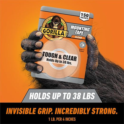 Gorilla Invisible Hold Mounting Tape, 1" x 150" (Pack of 4), Holds up to 15 lbs, Clear Double-Sided Tape for Strong, Permanent Bond, Discreet Adhesive for Classroom and Study Space Setup