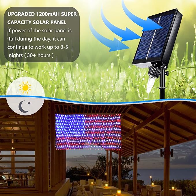 Solar American Flag String Lights - Waterproof 420 Led Solar Powered Flag Net Light for 4th of July Memorial Day Decorations Yard Garden Christmas Festival Holiday Patriotic Party Decoration Outdoor