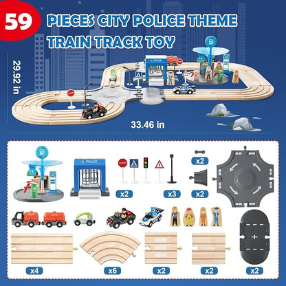 59 Pcs Wooden Train Set for Toddlers, Toy Train with Track for Kids Ages 3-6, Deluxy Double Track City Police Station Railway Playset Gifts for Boys and Girls Ages 3+