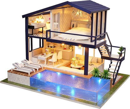 CUTEROOM Miniature House Kit, DIY Dollhouse Kit for Adults to Build, Mini House Making Kit with Furnitures, Time Apartment Dollhouse Kit with Swimming Pool Gifts for Women