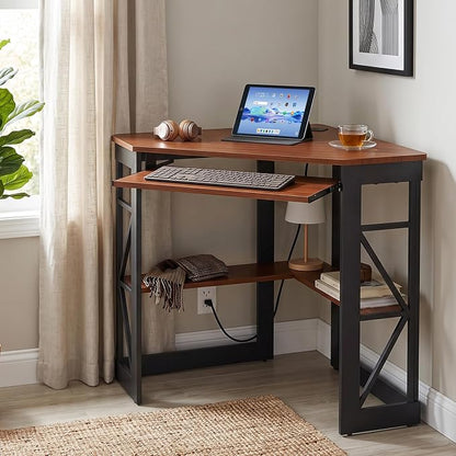 VECELO Corner Desk, Triangle Computer Desk for Small Space with Charging Station and Keyboard Tray, Corner Makeup Table with Storage Shelves for Home Office Bedroom, 41x30, Teak Brown