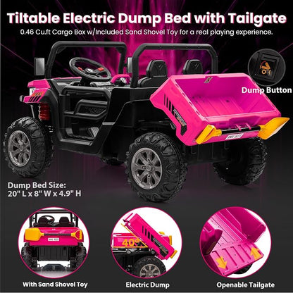24V 4WD Ride on Truck Car w/4X200W Motor, Dump Bed, Gift Flower, 2 Seaters, Remote Control, 4 Wheeler, LED Light, Music, 24 Volt Ride on Toys for Big Kids Girls 3-8, Pink
