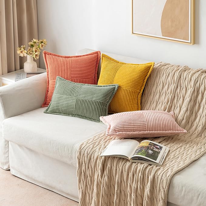 MIULEE Decorative Throw Pillow Covers for Couch Bed Livingroom 20x20 Inch Set of 2 Light Olive Green Boho Accent Throw Pllows Broadside Striped Patchwork Soft Corduroy Summer Pillowcases