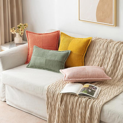 MIULEE Decorative Throw Pillow Covers for Couch Bed Livingroom 20x20 Inch Set of 2 Light Olive Green Boho Accent Throw Pllows Broadside Striped Patchwork Soft Corduroy Summer Pillowcases