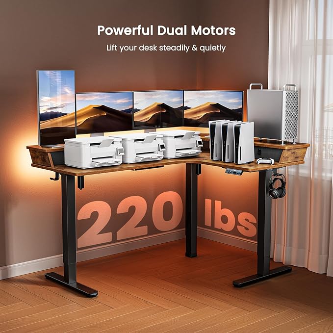 ErGear 65″ L Shaped Standing Desk for Gaming, [3 Drawers & 2 Cable Management Trays] Corner Stand up Desk w/Monitor Shelf Height Adjustable for Home Office, Vintage Brown