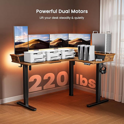 ErGear 65″ L Shaped Standing Desk for Gaming, [3 Drawers & 2 Cable Management Trays] Corner Stand up Desk w/Monitor Shelf Height Adjustable for Home Office, Vintage Brown