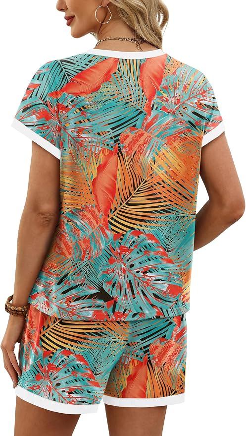 WIHOLL Two Piece Sets for Women Summer Lounge Short Sets Cap Sleeve Crew Neck Sweatsuit with Pocket XS-2XL