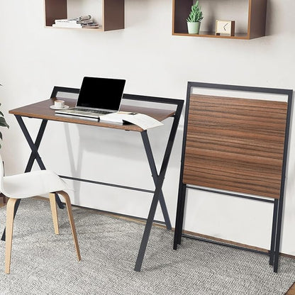 Folding Desk, Foldable Table Space Saving Computer Sturdy Writing Table Workstation for Home Office with Metal Frames/Wood Top Laptop, No Assembly Required, Brown