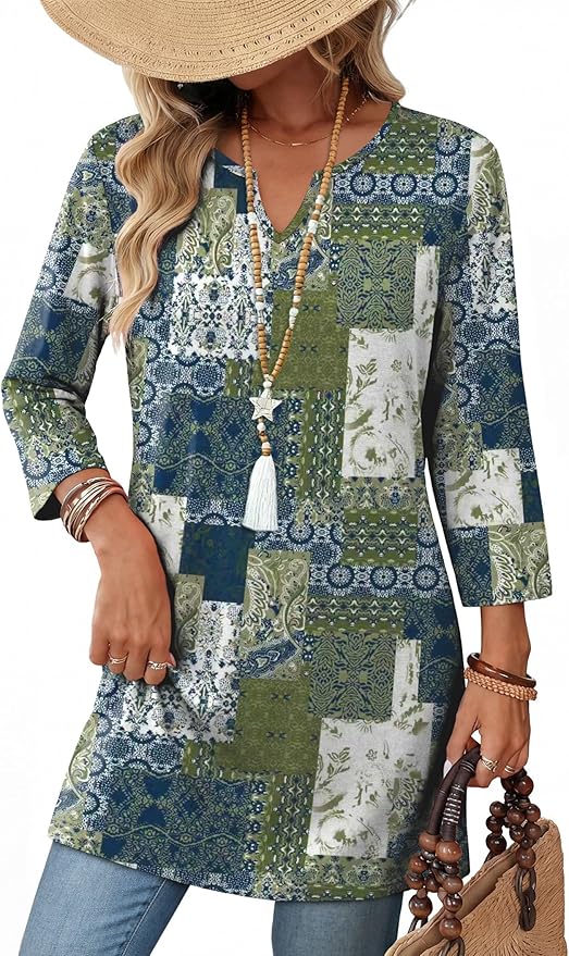 OFEEFAN Summer Boho Tops For Women 3/4 Length Sleeve Womens Tops Vacation Outfits