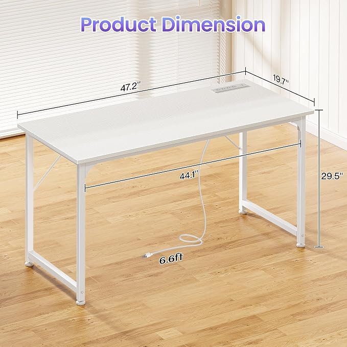 PRAISUN 47 X 20 Inch Computer Desk, Power Outlets, USB-C, White | Office Desk with 4 AC Outlets, USB & USB-C, Sturdy Metal Frame, Spacious Desktop for Work, Writing, Study & Gaming