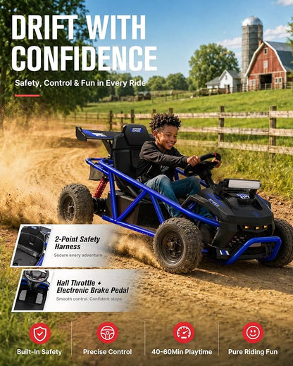 First Ride On 36V Kids Off-Road Go Kart, 400W Electric Ride-On Car for Ages 6+, Up to 9.3 MPH, EVA Tires, Metal Frame, Hall Throttle, Electronic Brake, Adjustable Seat, Bluetooth (Blue)