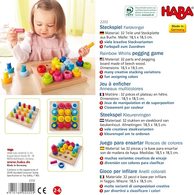 HABA Rainbow Whirls Wooden Sorting & Stacking Rings Shape Sorter, Educational Toys for 2 Year Old & Up, Color Sorting Fine Motor Toys, Made in Germany