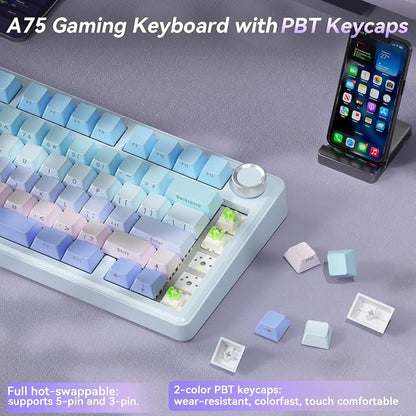 SOLAKAKA A75 Wireless Mechanical Keyboard, Hot Swappable Gaming Keyboard with RGB Backlit, Multifunction Knob, Gasket Mounted Creamy Keyboard, BT5.0/2.4GHz/USB-C, 75% Compact Layout for Win/Mac/PC