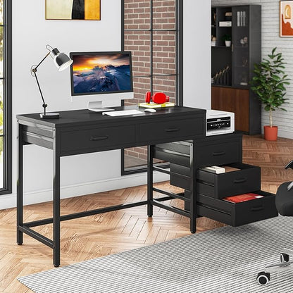 Tribesigns Computer Desk with 5 Drawers, Reversible Home Office Desks | Small Desk with Drawer Cabinet Printer Stand, PC Desk with Storage, Black Study Writing Table Workstation for Small Spaces