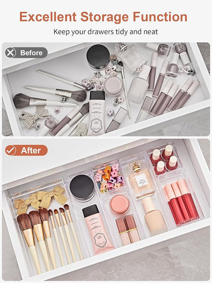 SMARTAKE 37 PCS Drawer Organizer 4 Size Desk Makeup Drawer Organizer Clear | Storage Trays with Non Slip Silicone Pads for Makeup , Jewelries, Utensils in Bedroom Dresser, Office, Kitchen and Bathroom