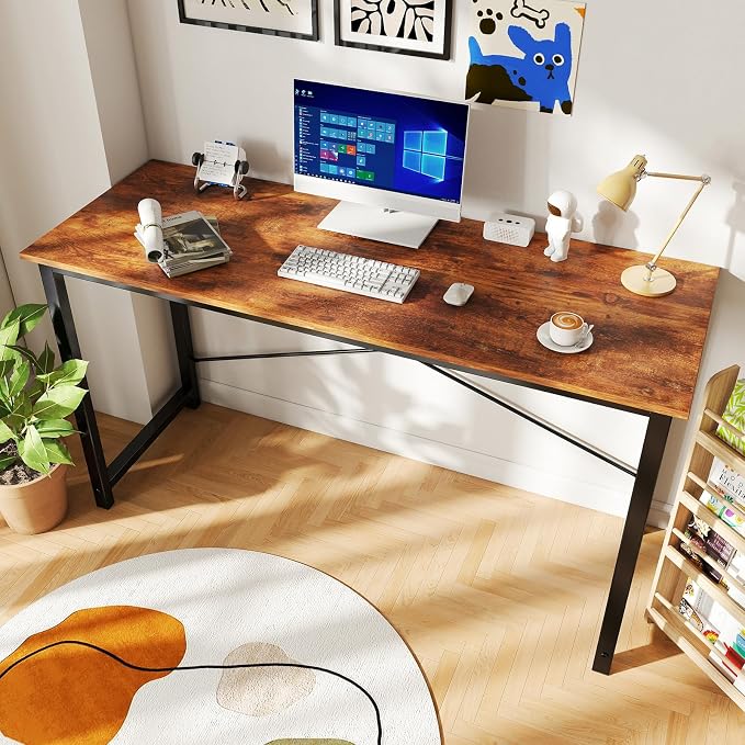 DUMOS 55 Inch Small Computer Desk, Gaming Desks for Home Office Bedroom | Modern Study Writing Work Table, Craft PC Desk Simple Workstation with Reinforcement Structure, Rustic Brown