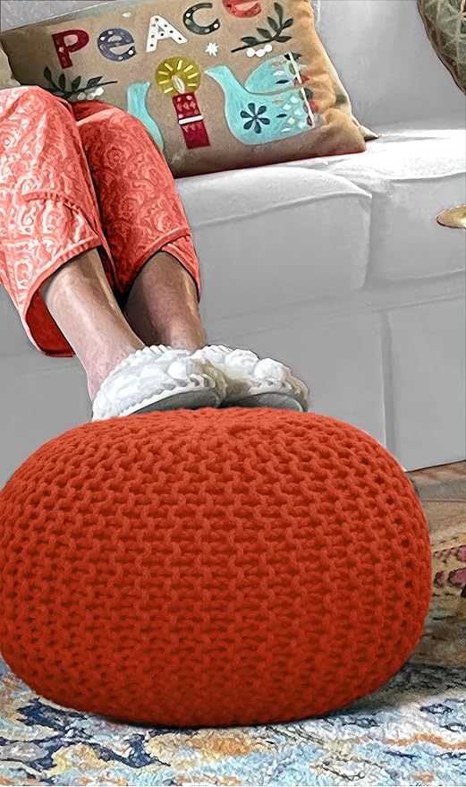 COTTON CRAFT Round Pouf - Hand Knitted Cotton Braid Cord Cable Dori Ottoman - Foot Stool Floor Pouf Footrest Accent Seat Furniture Bean Bag - Living Room Kids Room Nursery Dorm Décor - 20x14 - Orange