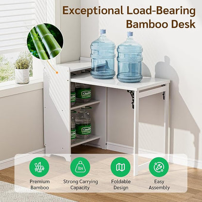 Bamboo Folding Desk with Storage, Foldable Desk for Small Spaces, White | Space-Saving Computer Desk with Storage, Compact Size, Writing Study Table for Home Office, Bedroom, Dorm, Apartment