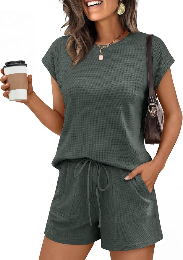 ANRABESS Womens Waffle Knit 2 Piece Short Sets Cap Sleeve Summer 2026 Matching Lounge Outfits Travel Beach Vacation Sweatsuit