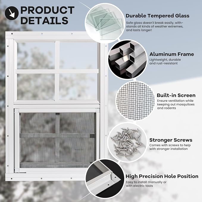 Shed Windows 2 Pack, Chicken Coop Windows 24" x 36" White | Flush Mounted Small Windows with Tempered Glass and Fiberglass Screen for Shed, Barns, Playhouse, Household, Garage