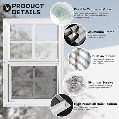 Shed Windows 2 Pack, Chicken Coop Windows 24" x 36" White | Flush Mounted Small Windows with Tempered Glass and Fiberglass Screen for Shed, Barns, Playhouse, Household, Garage