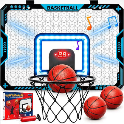 BATURU Over The Door Basketball Hoop for Kids – Indoor Basketball Toy with LED Scoreboard, Lights & Sound, Easy to Hang – Fun Gifts for Boys Ages 6–10