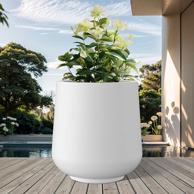 Kante 15.3" Dia Round Concrete Planter, Outdoor Indoor Large Plant Pots Containers with Drainage Hole and Rubber Plug for Home Garden Patio, Snow White