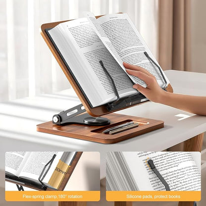 OPTIXCELL Book Stand for Reading, 360° Rotating Book Holder, Page Clips | Hands Free, Built-in Storage Tray, Adjustable Height Angle, Non-Slip, Foldable 13.3x9.4x1.9in, Fits Cookbook Tablet & Laptop