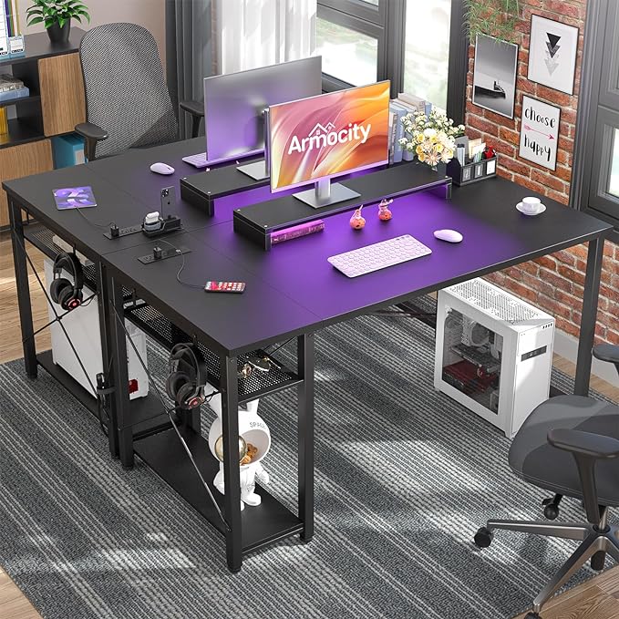 armocity Computer Desk with LED Lights, Gaming Desk with Power Outlet and USB, 40 Reversible Laptop Table with Moveable Monitor Stand, Small Desk for Small Spaces, Office, Gaming Room, Black