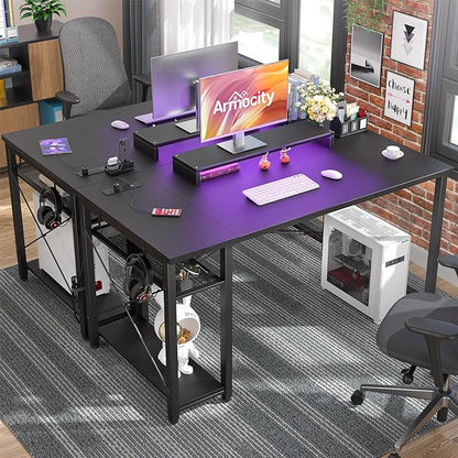 armocity Computer Desk with LED Lights, Gaming Desk with Power Outlet and USB, 40 Reversible Laptop Table with Moveable Monitor Stand, Small Desk for Small Spaces, Office, Gaming Room, Black