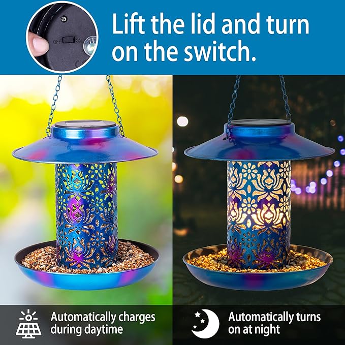 Ottsuls Solar Bird Feeder for Outdoors Hanging, Metal Wild Cardinals Garden Lantern with S Hook, Weatherproof and Water Resistant Birdfeeders as Gift Idea for Women Mom Grandma Bird Lovers (Blue)