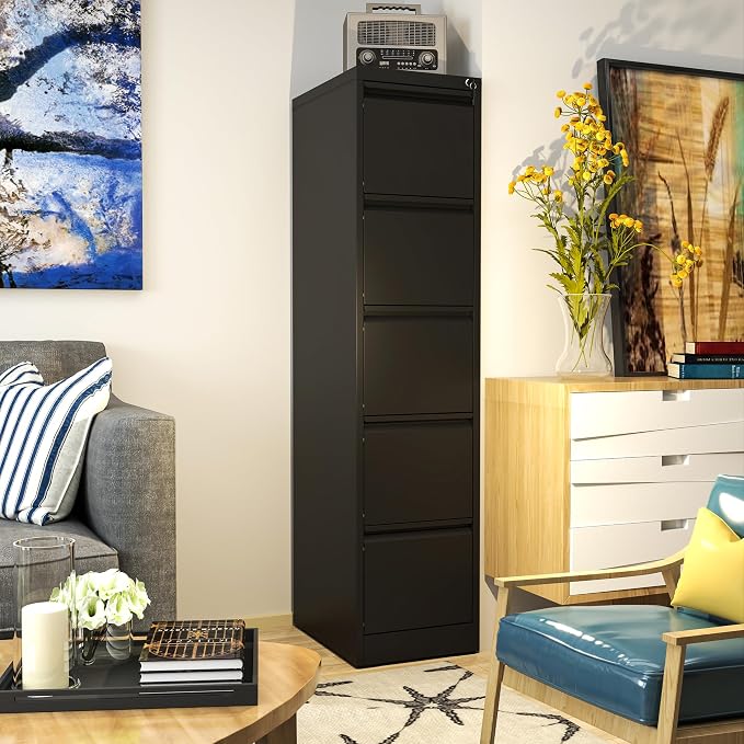 AQY 5 Drawer File Cabinet with Lock, Metal Black Filing Cabinets for Home Office, 18" Deep Heavy Duty Vertical Storage Cabinet for Hanging A4/Letter/Legal Size Files, Assembly Require