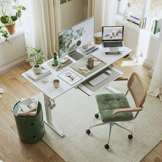 Height Adjustable Desk with Keyboard Tray, 55 x 24 Inches Electric Standing Desk, Stand up Computer Table with Memory Preset, Modern Lift Motorized Gaming Workstation, White