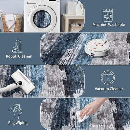 Ciicool Modern Abstract Deep Blue Gray Rug for Living Room, 9'x12' Machine Washable Area Rug Non-Slip Rug, Low-Pile Contemporary Indoor Dining Floor Carpet for Bedroom Office Under Table Home Decor