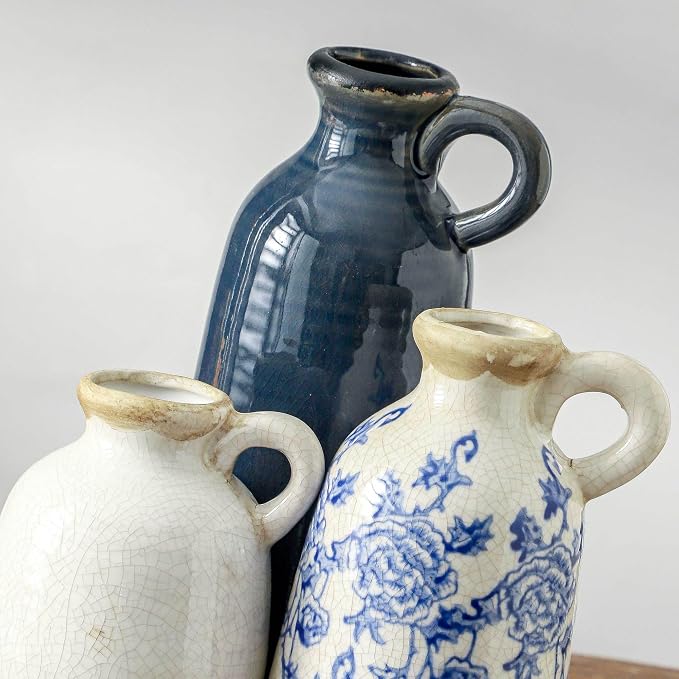 Ceramic Vase Set of 3 with Handle, Vintage Rustic Vases Home Decor Farmhouse Decorative Vase Pottery Decor Modern for Table Mantel Entryway Bookshelf Living Room Kitchen Bedroom - Blue