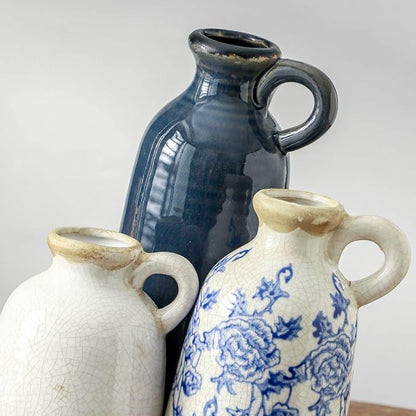 Ceramic Vase Set of 3 with Handle, Vintage Rustic Vases Home Decor Farmhouse Decorative Vase Pottery Decor Modern for Table Mantel Entryway Bookshelf Living Room Kitchen Bedroom - Blue