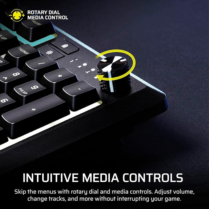 Corsair Skiff 100 Quiet RGB Wired Membrane Gaming Keyboard – QWERTY US, IP53 Spill & Dust Resistant, Responsive Keys, Media Dial – Black