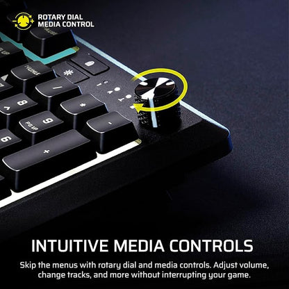 Corsair Skiff 100 Quiet RGB Wired Membrane Gaming Keyboard – QWERTY US, IP53 Spill & Dust Resistant, Responsive Keys, Media Dial – Black